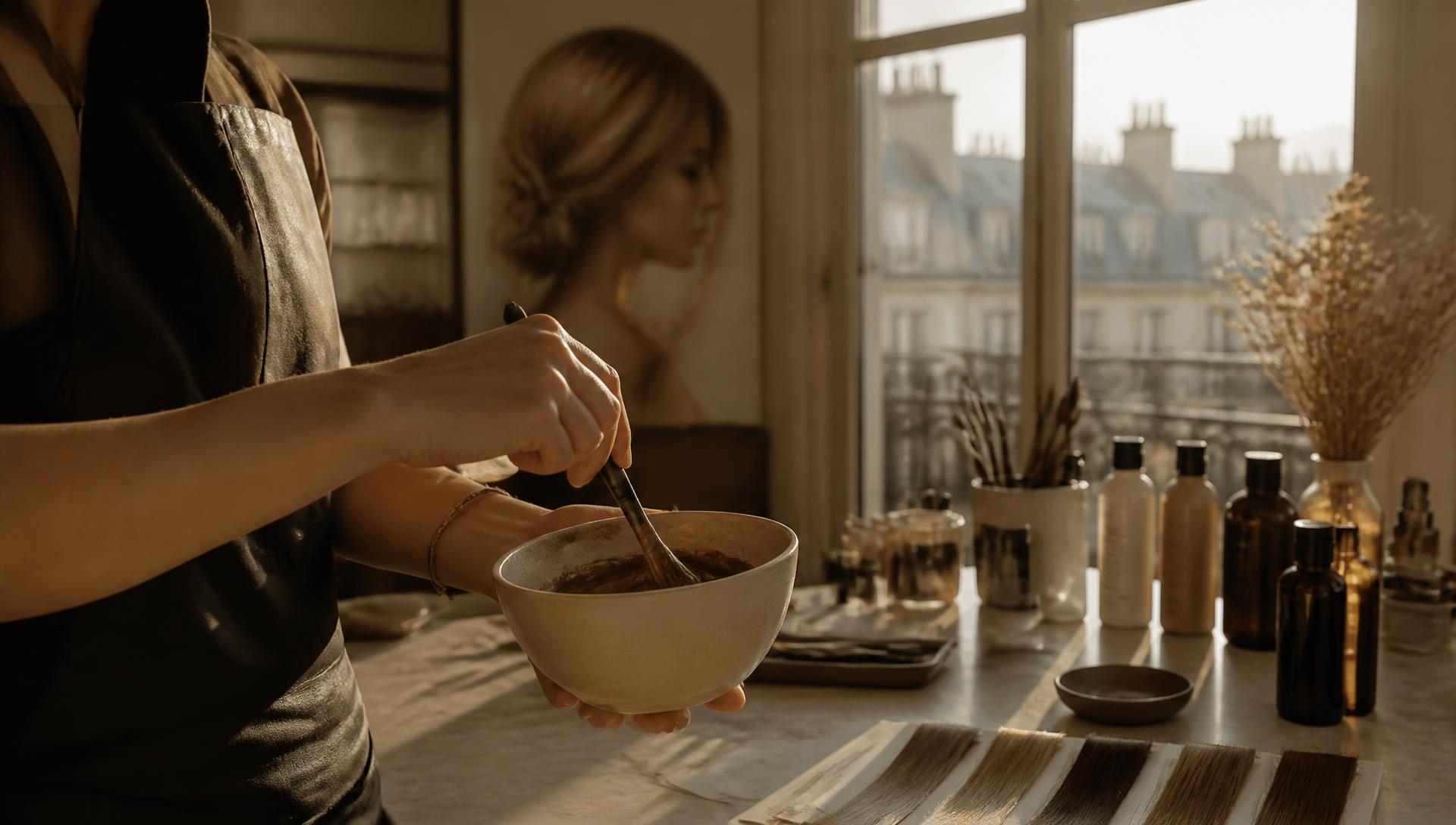 Coloriste professionnelle préparant un mélange de coloration en atelier